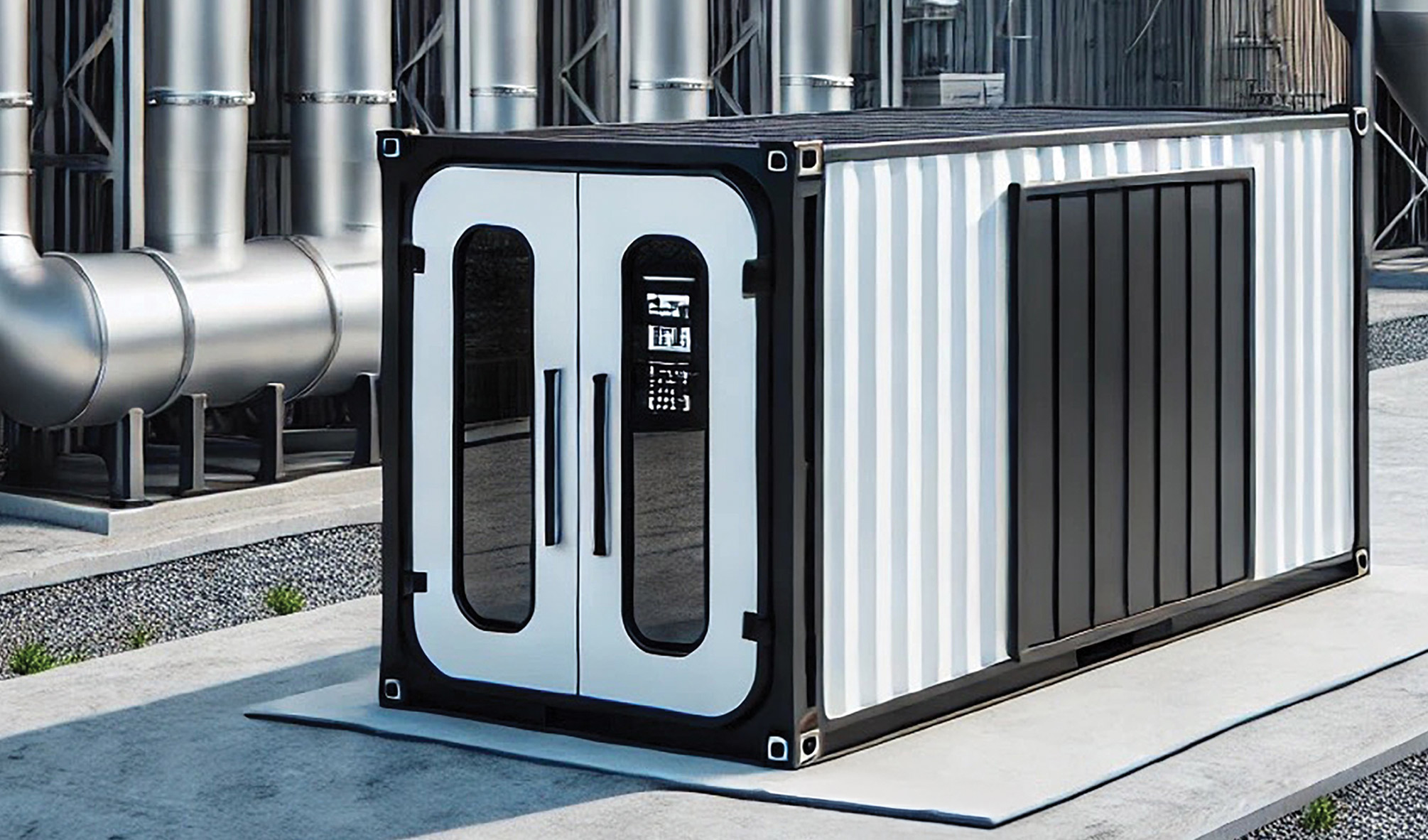 A rending of the Clean Carbon Power System representing the core station positioned in an industrial setting.